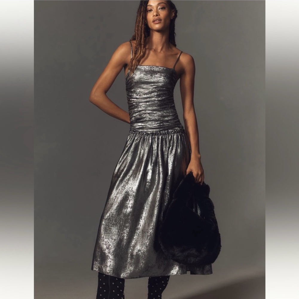 Anthropologie Silver Metallic Spaghetti-Strap Midi Drop waist Dress New w/Tags